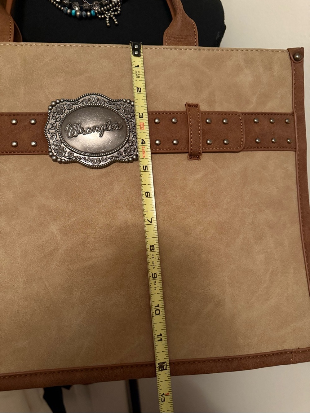 Wrangler Tan and Brown Studded Tote with Belt Accent - Picture 7 of 8